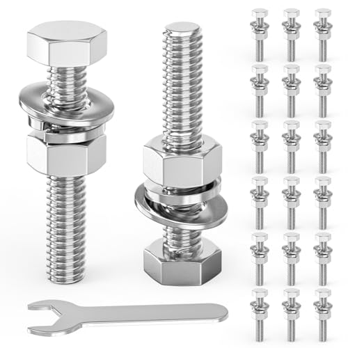 Image of 20PCS 5 /16-18 inch x 2 inch 304 Stainless Steel External Hex Bolt, Fully Threaded Bolt with Nut Flat & Lock Washers and Spanner