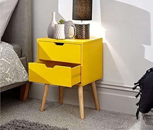 Image of Organizing Nightstand Solid Wood Legs Mid-Century Modern Bedside Table Practical and Simplistic End Side Table with Two Drawers (Yellow)