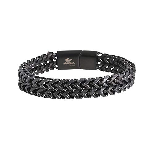 Magna Steel Mens Stainless Steel Double Franco Chain Bracelet with Magnetic Closure (Black)