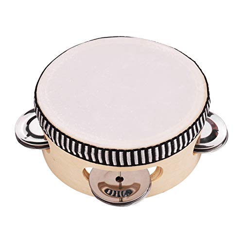 TFixol Pandereta de mano de madera de 4 pulgadas con sonajeros de una sola fila de metal, panderetas de poliéster con piel de tambor de entretenimiento, musical, para adultos, baile, canto, par, beige