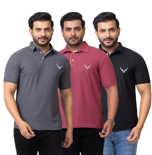 Image of HANABY Men's Summer Polo Solid Half Sleeves Polycotton T-Shirt | Collar Breathable and Comfortable T-Shirt (Pack of 3)