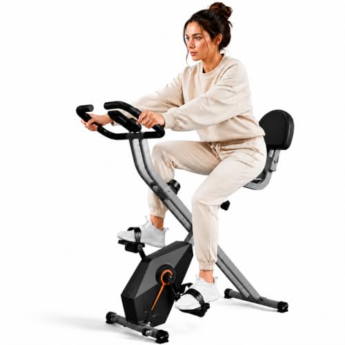 Grey X-frame folding exercise bike with padded seat, backrest and LCD console — the folding frame is what keeps a 47-inch bike out of the living room