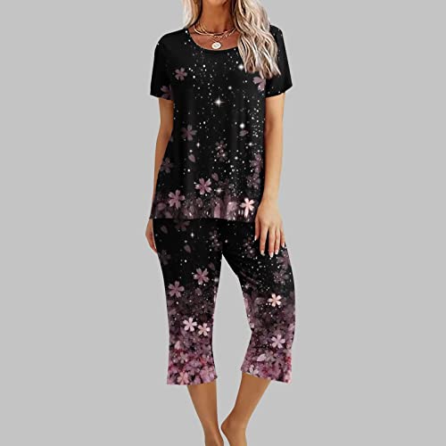 Pyjamas-Femmes-Ensembles-De-Pyjama-Femme-Sleepwear-T-Shirt-Manche-Courte-Pantalon-34-Coupe-Ample-ImprimeCouleur-Unie-Tenue-De-Nuit-Chic-Elegant-pour-Femme-Lingerie