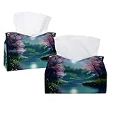 Funda para caja de pañuelos, paquete de 2 dispensadores de pañuelos faciales rectangulares de piel sintética para el hogar, oficina, coche, luz de luna por el lago