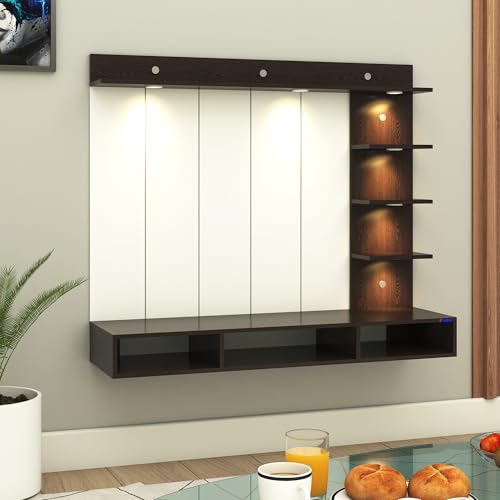 Image of Anikaa Tyron Engineered Wood Wall-Mount TV Unit with PVC Back Panel & LED Lights | TV Cabinet with Storage Box & Decorative Shelves (Wenge) | Ideal for TVs up to 43 Inch | DIY Installation