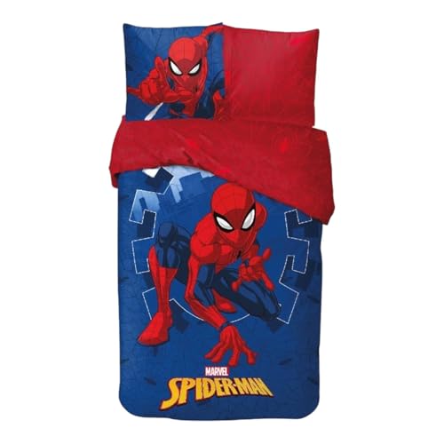 Parure de Lit Spiderman Housse de Couette Licence Réversible avec Taie d'oreiller, 2 Pièces (140x200 cm + 63x63 cm) en Coton (Parure Spiderman)