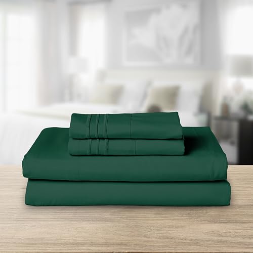 Image of Elegant Comfort Luxurious 1500 Premium Hotel Quality Microfiber Three Line Embroidered Softest 4-Piece Bed Sheet Set, Wrinkle and Fade Resistant, Twin /Twin XL, Hunter Green