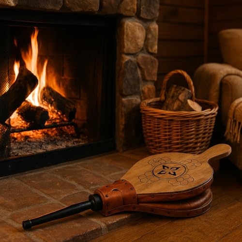 MGE - Blasebalg für Kamin und Grill - Grill Blasebalg für Kamin und Grill, Handblasebalg Luftbläser für Kamin, Grill, Outdoor Camping, Holzofe Grillgebläse - Natürliches Holz - 43 cm
