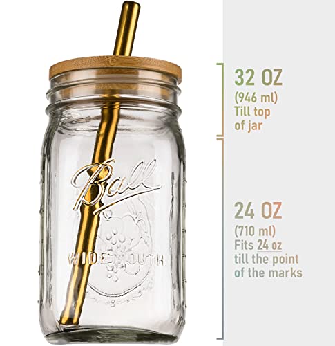 Reusable Boba Bubble Tea & Smoothie Cups - 2 Glass Wide Mouth 32Oz Mason Jars With Bamboo Lids - 2 Reusable Gold Stainless Steel Boba Straws #TOP2