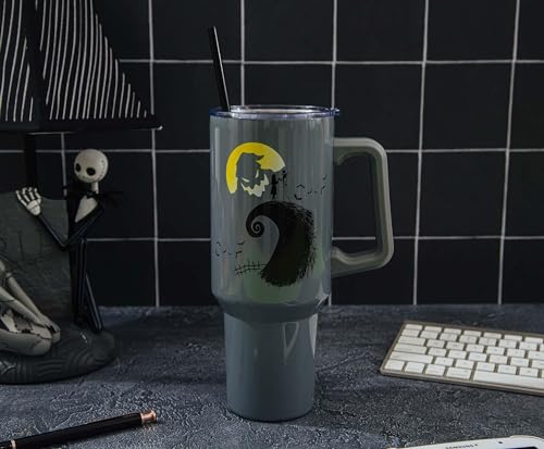 Image of Silver Buffalo Disney Nightmare Before Christmas Featuring Oogie Boogie, Jack Skellington, and Sally Double Walled Stainless Steel Tumbler with Handle and Straw, Fits in Standard Cup Holder, 40 Ounces