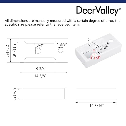 DeerValley DV-1V081RA Wall Mount Sink, Mini Rectangle Bathroom Sink, Small Bathroom Cloakroom White Ceramic Wash Basin without Overflow(Right Hand)
