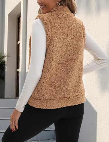 FEOYA Women Sherpa Fleece Zip Up Vest Fall Winter Warm Waistcoat Stand Collar Sleeveless Jacket S-XXL2
