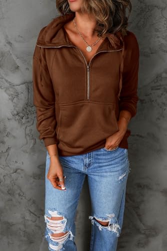 Image of PRETTYGARDEN Women's Casual Long Sleeve Zipper Sweatshirt Drawstring Loose Quarter Zip Pullover Tops with Pockets
