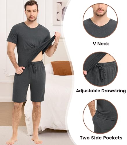 Image of NACHILA Men's Pajamas-Viscose Made from Bamboo, Short Sleeve Top with Shorts Pjs Set V Neck Sleepwear Cool Loungewear