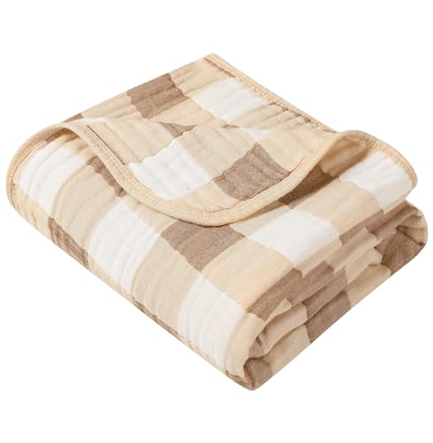 Image of HardNok Ultra Soft Muslin Baby Blanket Made with Organic Cotton - Neutral Earth Tone Checkered Swaddle & Nursery Quilt, 43x43 (Beige-Coffee Checkered)