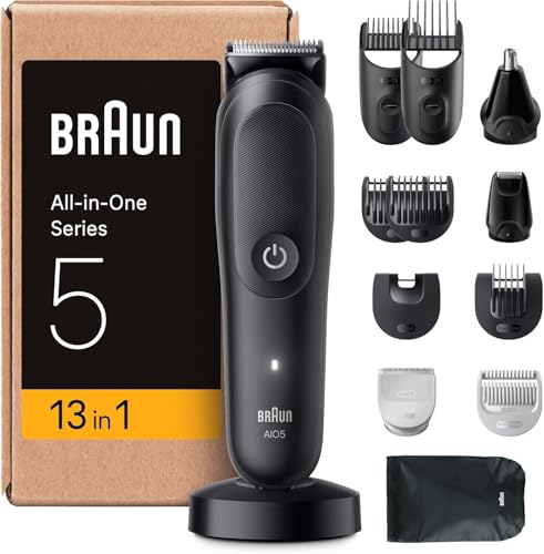 Braun All-in-One Series 7, 13-in-1 Multigroom, Barttrimmer, Nasenhaartrimmer, Haarschneidemaschine für Gesicht, Kopf und Körper, 120 Min Akku, 14 Längen (3–21 mm), Wasserdicht, AIO5565, Schwarz