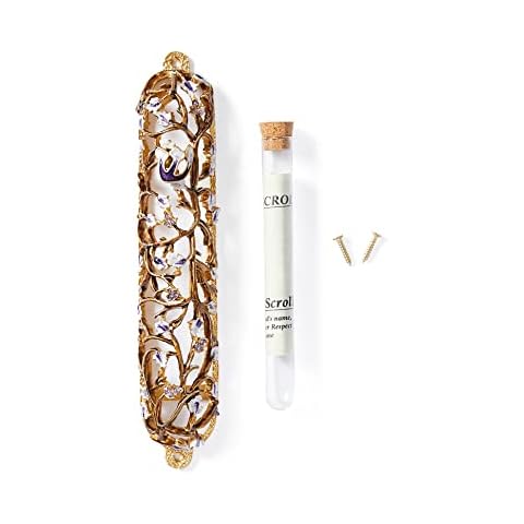 Creative Judaica Grapes on Vine Mezuzah Case 6" Décor for Home Door Enamel Made from Strong Materials and Embellished with Crystals Cover for Hebrew Scroll Parchment Handmade Art (Gold | White) Cover