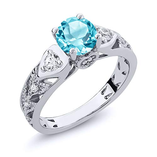 Gem Stone King 925 Sterling Silver Swiss Blue Topaz Engagement Ring For Women (2.16 Cttw, Round 6MM, Gemstone Birthstone, Available In Size 5, 6, 7, 8, 9)