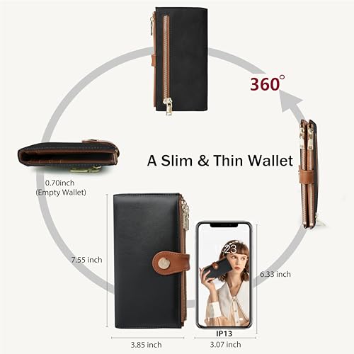 Women’s Wallet,Thin RFID Blocking Leather Wallet for Women Credit Card Holder Travel Wallet with Zipper Pocket(Black＆Brown)4