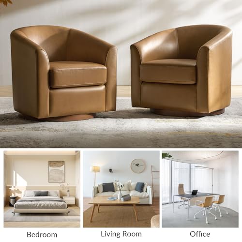 Image of HULALA HOME Genuine Leather Swivel Barrel Chairs Set of 2, Round Swivel Accent Chairs with Solid Wood Base, Leather Barrel Accent Chair for Living Room, No Assembly Required, Camel