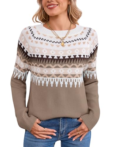 Image of Women's Fair Isle Sweater Crew Neck Long Sleeve Heart Sweater Vintage Tops