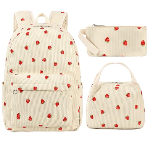 Kids Backpack for Girls Women School Bag Laptop Backpack Casual Daypacks with Lunch Box Pencil Case for Preschool Kindergarten Elementary Bookbag, Strawberry