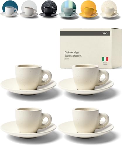 KIVY Espresso Tassen Set [4x 75ml] - Espressotassen mit Untertassen - Handgefertigte Espresso Tassen dickwandig - Italienische Espressotassen Steingut Dickwandig - Beige
