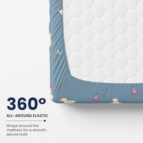Image of LORETO - A QUALITY LINEN BRAND 144 TC 100% Pure Cotton Double /Queen Fitted Bedsheet with 2 Pillow Covers for 72 x 60 Inch Mattress, All-Around Elastic, 8 Inch Deep Pocket, Pastel Blue Duck Party