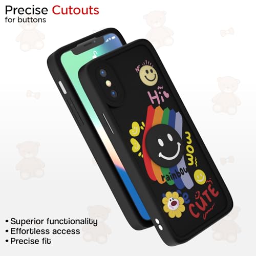 Image of Pikkme Back Cover for iPhone X /Xs | Soft Silicone| Cute Rainbow Smile & 3D Cartoon Flower Design | Shockproof Raised Camera Protection Bumper Case (Black)