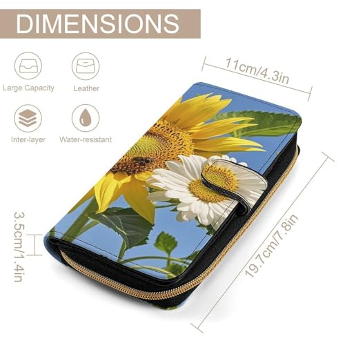 Bees Sunflowers Daisy Rose Flowers Leather Wallet Long Checkbook Wallets Classic Bifold Ladies Clutch with ID Window2