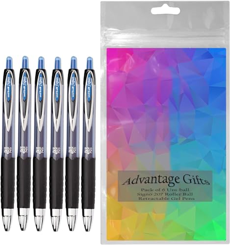 Image of Uni-ball Signo 207 Roller Ball Retractable Gel Pens, Bold Point (1.0mm), Blue Ink, 6 Count, Bundle with Plastic Reusable Pouch