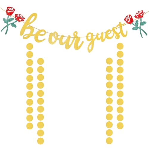 Be Our Guest Banner, Princess Party Supplies Roses Glitter Reception Banner Sign Circle Garlands for Bachelorete Engagement Bridal Baby Shower Wedding Birthday Party Decorations