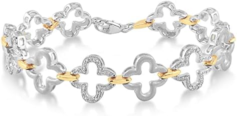 Evoque Sterling Silver Clover Women's Diamond Link Bracelet (1/10 cttw, J-K Color, I1-I2 Clarity) - 14 kt Yellow Gold Vermeil Sparkling Round-cut Diamonds Bracelet - Women's Jewelry - 7.75"