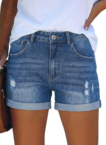 Image of onlypuff Womens Jean Short Cut Off Denim Shorts High Waist Ripped Distressed Stretchy