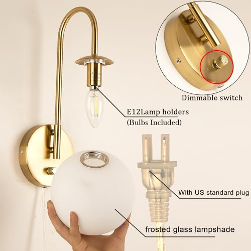 Image of Plug in Wall Sconces Decor Set of Two, Modern Gold Globe Wall Lamp, Stepless Dimmable Gooseneck Wall Light for Living Room Bedroom Hallway, Milky White Glass Shade, 2-Pack E12 Bulb, Optional Hardwired