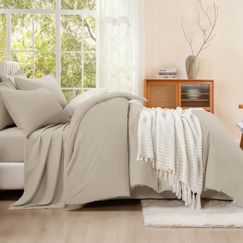 Image of Litanika Comforter Full Size Sets Oatmeal - 7 Pieces Bed in a Bag Full Bedding Comforter Sets, Plain Lightweight Bed Set with Comforter, Sheets, Pillowcases & Shams