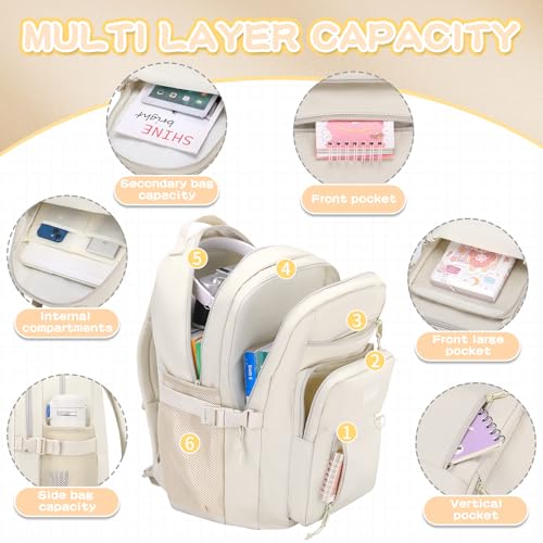 Kids Backpack for School Cute Aesthetic Beige Backpack Girls Student Bookbag Women Travel Lightweight Book Bag - Image 4