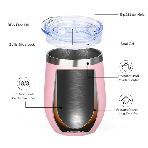 Image of MEZMUT 12oz Insulated Wine Tumbler with Lid Double Wall Vacuum Stainless Steel Wine Glass Coffee Mug Insulated Tumbler Cup for Champaign, Cocktail, Beer (Pink, 1 Pack)
