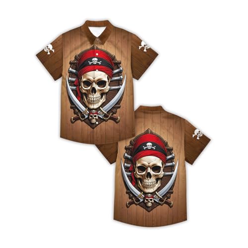 Image of THE PIRATE KING Funny Pirate Hawaiian Shirt Boys Girls Beach Tropical Casual Short Sleeve Button Down Shirt for 5-14 Years