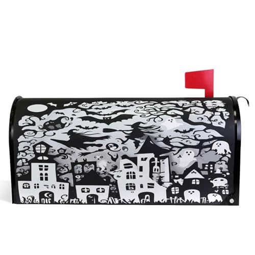 Image of Wamika Happy Halloween Magnetic Mailbox Covers Spooky Bat Witch Castle Mailbox Cover Standard Size Full Magnet Garden Yard Porch Mail Boxes Cover Holiday Decorations 21 inch L x 18 inch W
