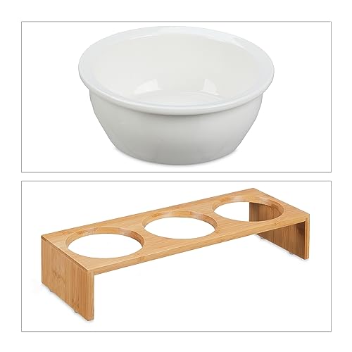 Relaxdays Futterstation Hund, Hundebar 3 Näpfe, je 400 ml, spülmaschinenfest, Bambus & Keramik, Napfständer, Natur/weiß