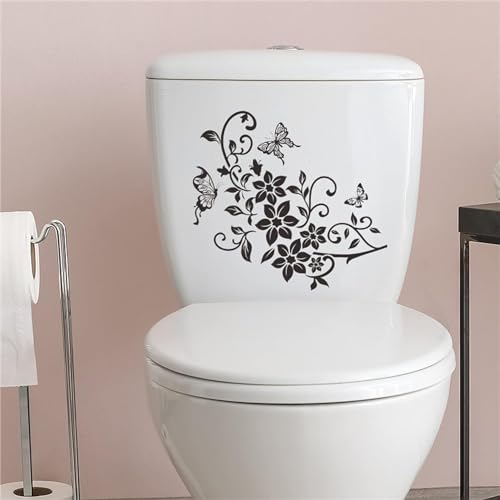 Sluswallow Black Flowers Butterfly Bathroom Toilet Seat Lid Cover Decals Stickers Pvc Sticker Removable Self-Adhesive Restroom Decor Art Decoration Toilet Lid Decals thumb #1
