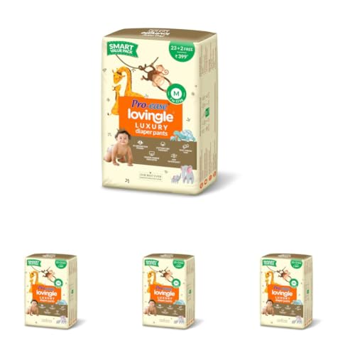 Image of Pro-ease Lovingle Luxury Baby Diaper|Pant Style Diaper for Baby|Diaper M size|2X Absorption*IAdvanced Leakage Protection|Wetness Indicator|Easy Throw Tape|7-12 kg|25(23+2Free) Pieces (Pack of 4)