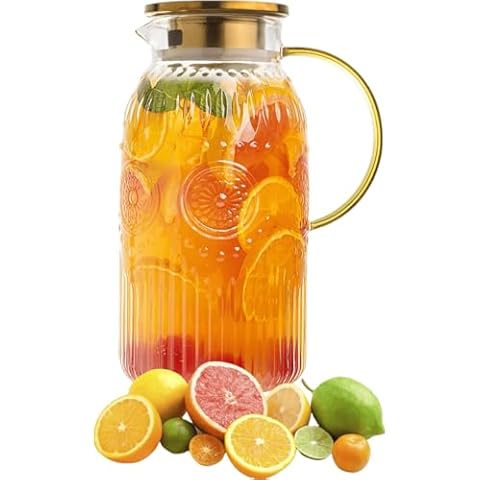 Amzcku Glass Pitcher with Lid, 68 oz/ 2 Liter Vintage Water Pitcher,Glass Water Carafe for Cold Brew, Coffee, Lemonade, Iced Tea,Beverage, Heat Resistant Water Glass Jug 1Pack Cover