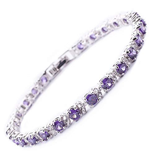 RIZILIA Round Simulated Purple Amethyst and White Cubic Zirconia 18K White Gold Plated Tennis Bracelet, 7