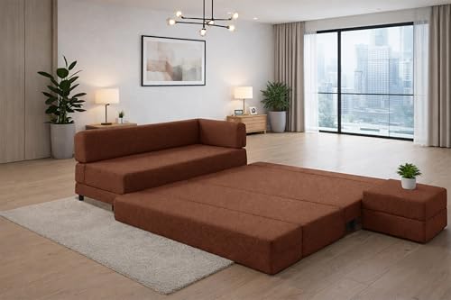 Image of Leg Sofa Cum Bed with Ottoman | Jute Fabric | Multipurpose Folding 3 Seater Sofa Bed 5x6 Ft for Living Room | Space Saving Furniture | Modern Design - Brown