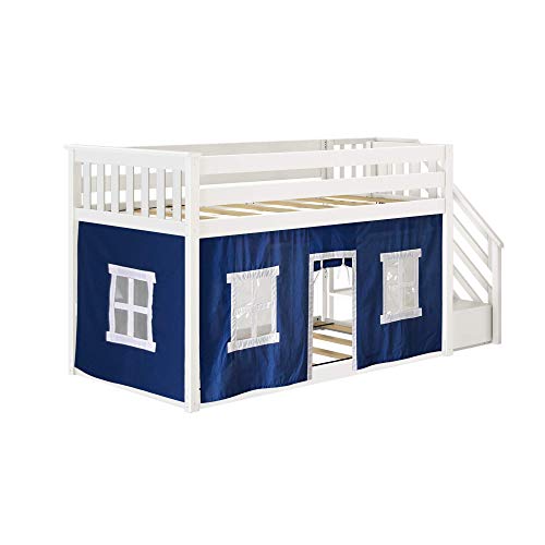 Max & Lily Low Bunk Bed, Twin-Over-Twin Bed Frame For Kids With Stairs and Curtains For Bottom, White/Blue - Thumbnail 4