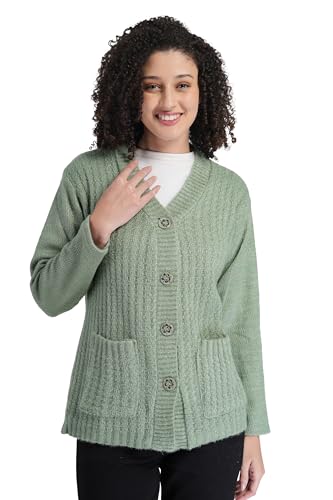 Image of MANRA Women's Woolen V-Neck Buttoned Full Sleeve Cardigan Self Design Soft Wool Fabric Winter Wear Pure Wool Sweater Fully Warm with Front Pockets Stylish Cardigan