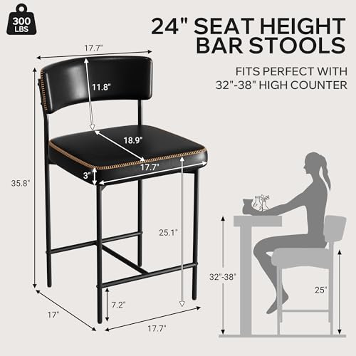 Image of Bar Stools Set of 2, Faux Leather Counter Height Barstools with Curved Back, 25 Inch Upholstered Bar Chairs, Modern Counter Stools for Kitchen lsland, Black