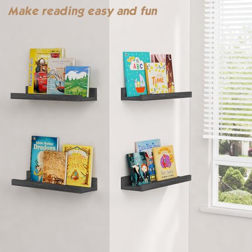 Forbena Black Picture Ledge Shelf, Floating Shelves with Lip for Wall, Small Wall Shelves for Bathroom Bedroom Kitchen Office Living Room Books, Art Pictures, Photo Frame, Plants (4-Pack, Real Wood) - Thumbnail 7